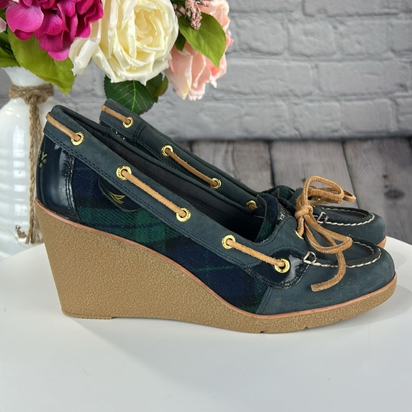 SPERRY GOLDFISH Navy & Green Slip On Leather Lace Wedges - Picture 5 of 17